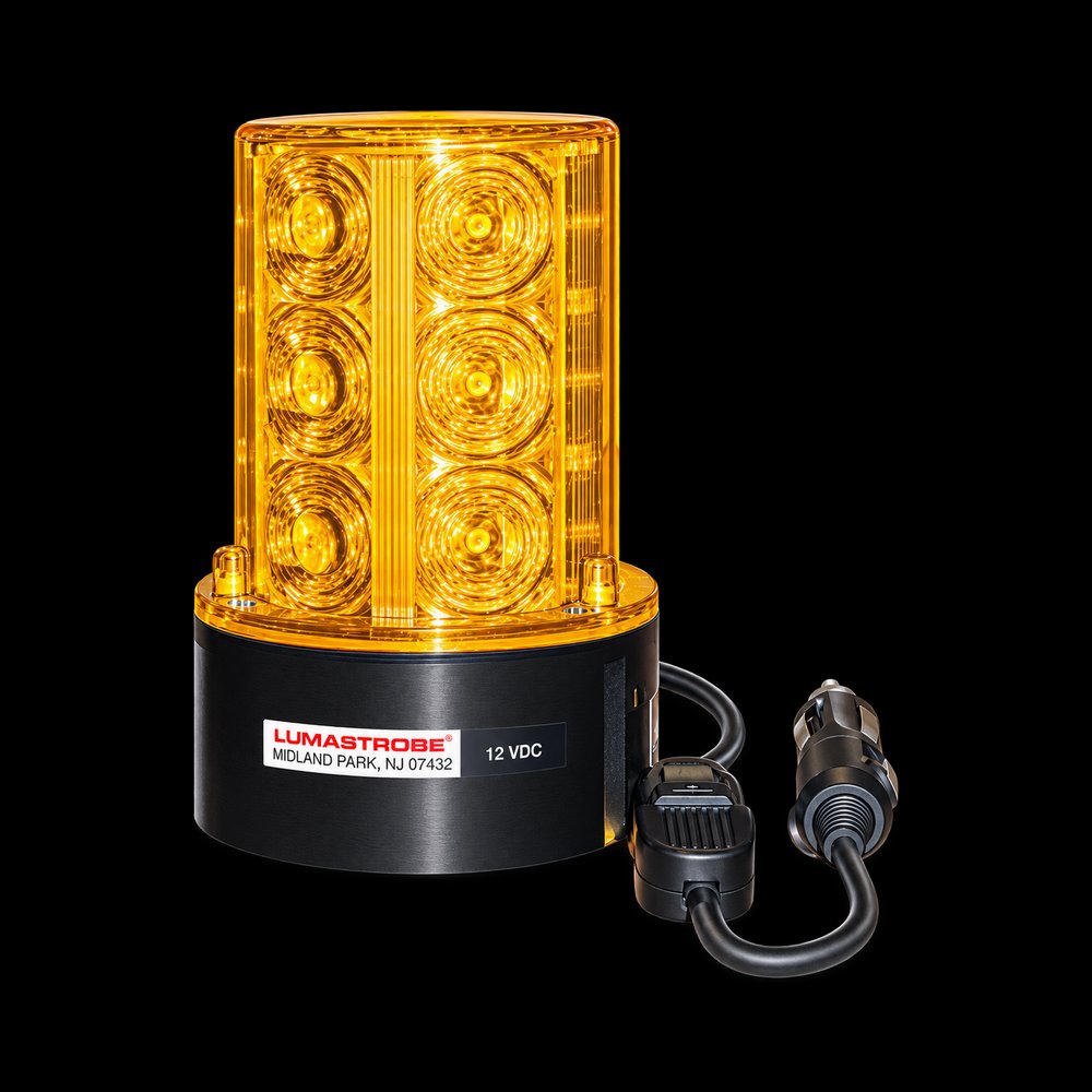 Lumastrobe amber LED strobe beacon with black base and 12V cigarette lighter plug
