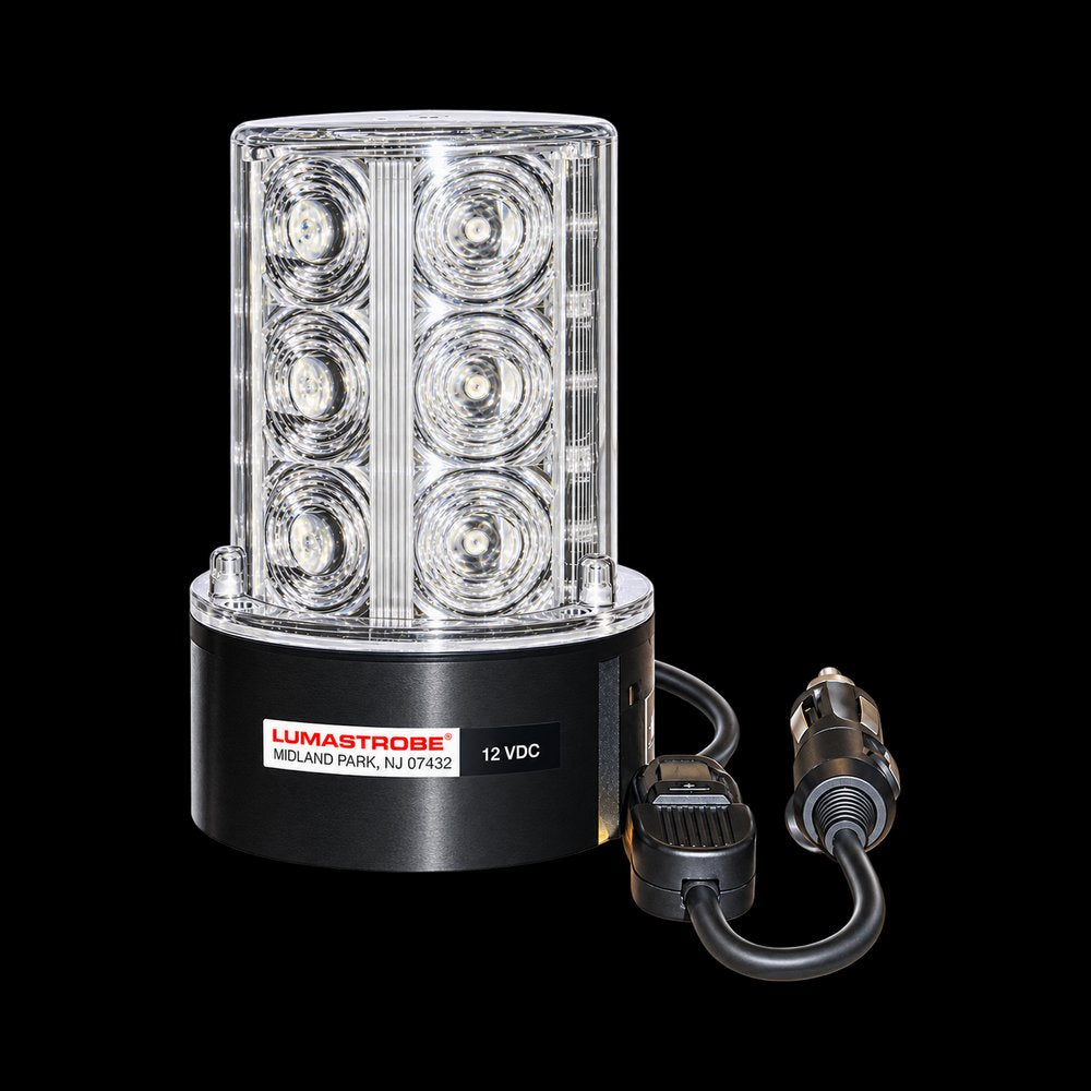 Lumastrobe clear LED strobe beacon with black base and 12V cigarette lighter plug