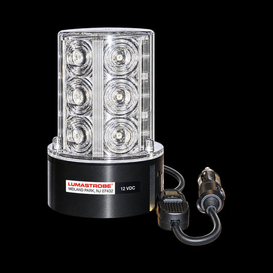 Lumastrobe clear LED strobe beacon with black base and 12V cigarette lighter plug