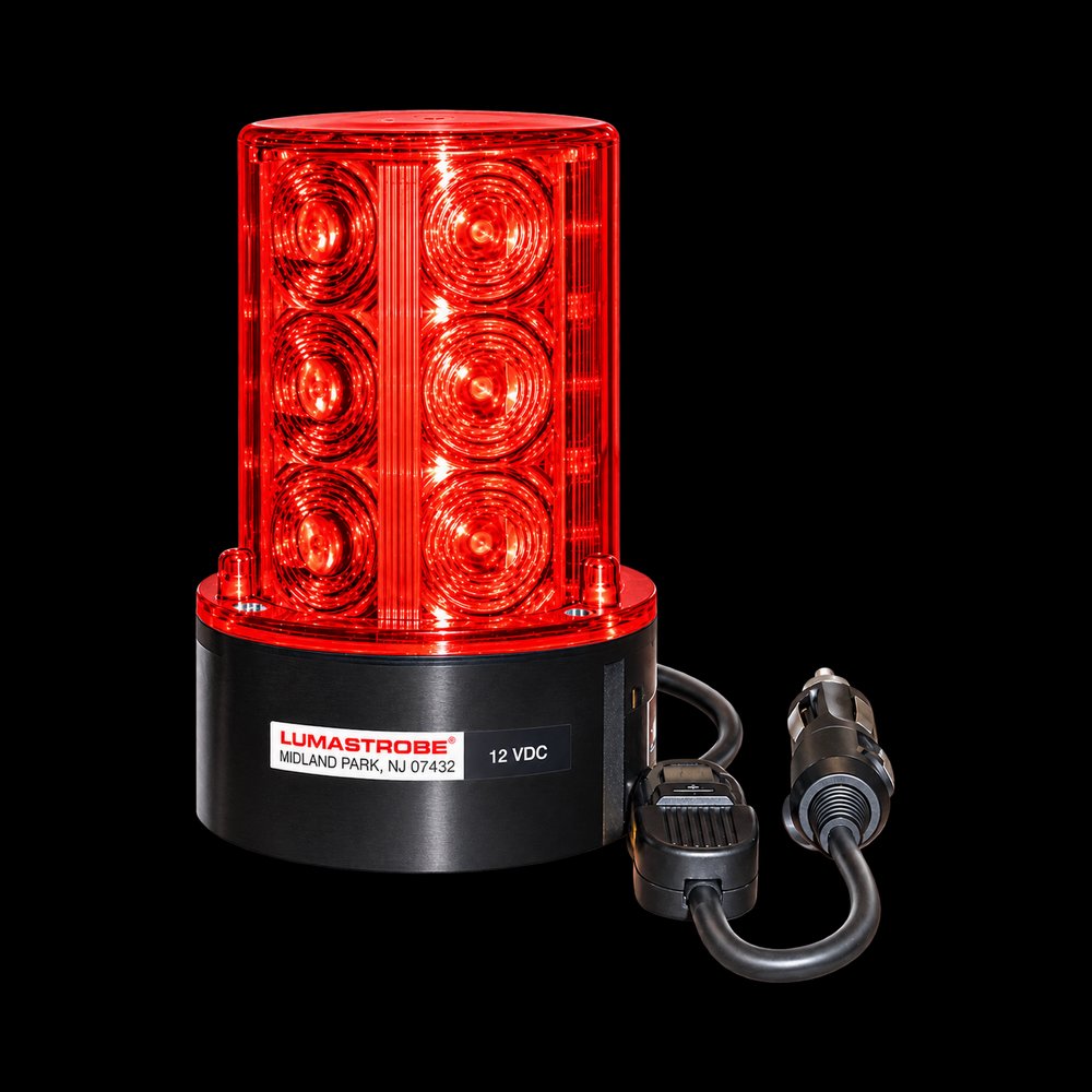 Lumastrobe RLX-36-R red LED strobe beacon with black base and 12V cigarette lighter plug